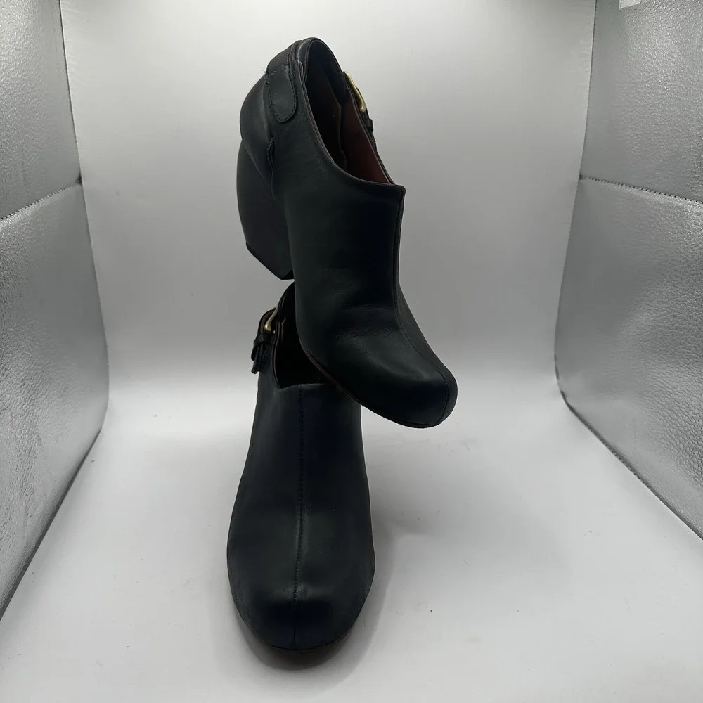 Rachel Comey Barbaro Booties Carved Wooden Heel Black Leather Buckle Strap 7.5